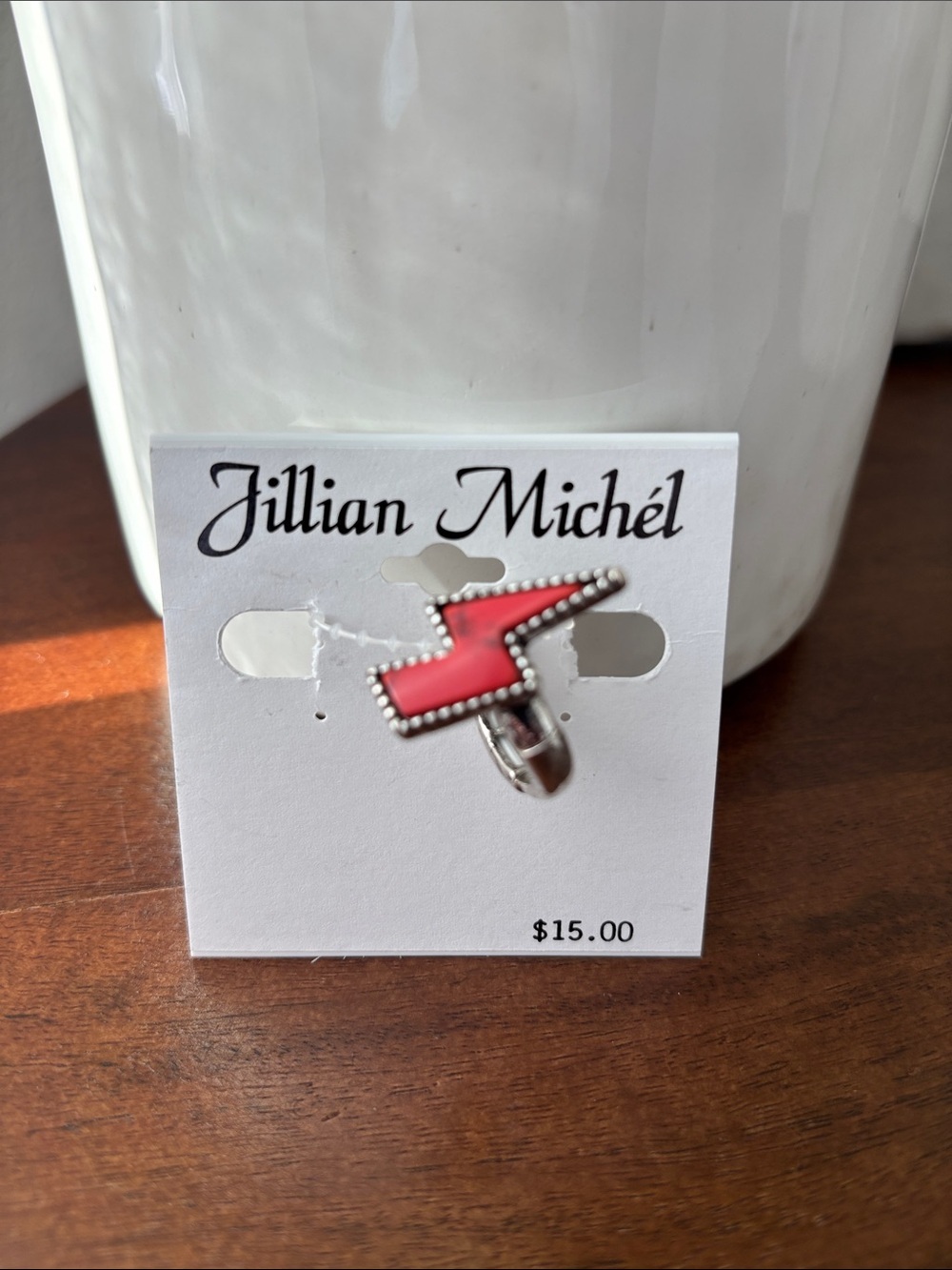 Jillian Michel Lightening Bolt Silvertone & coral  stretch ring